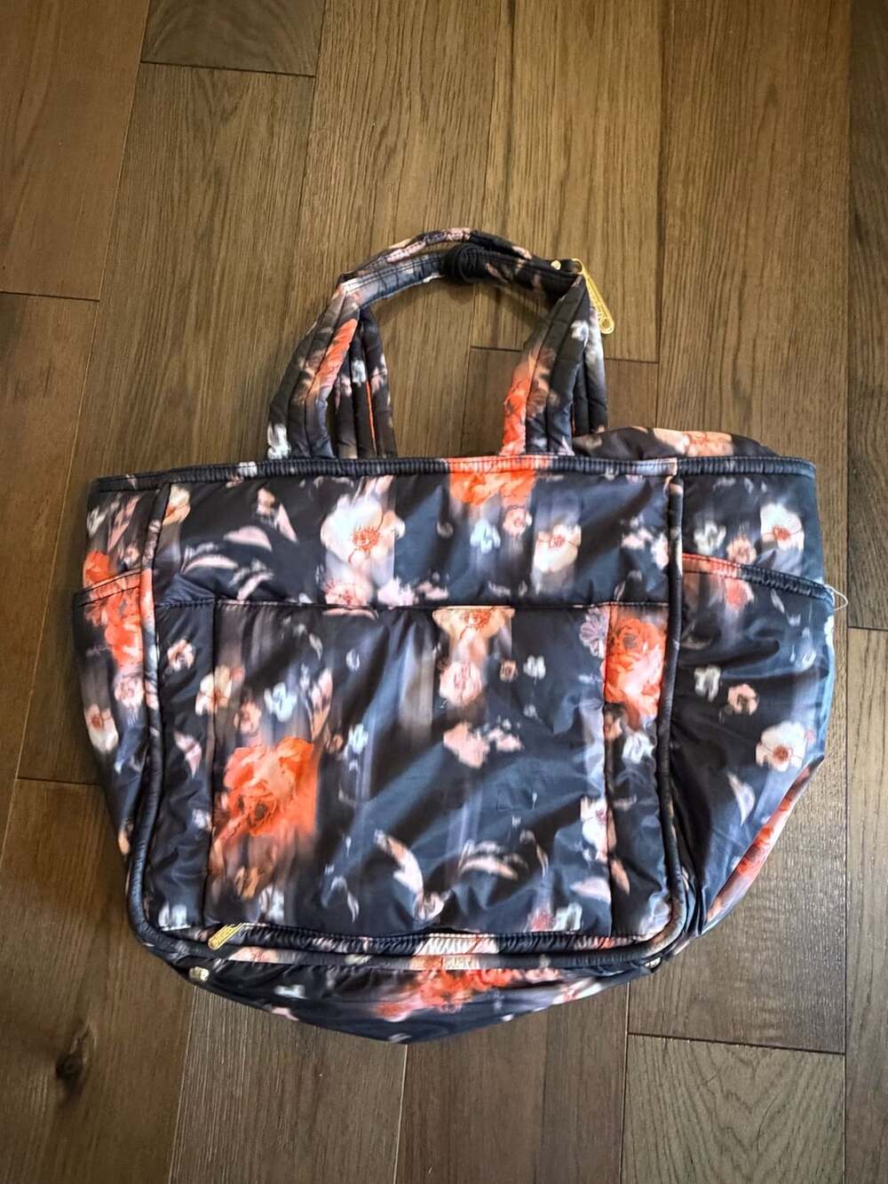 LeSportsac Quilted Floral Puffer Tote Bag Black Orange